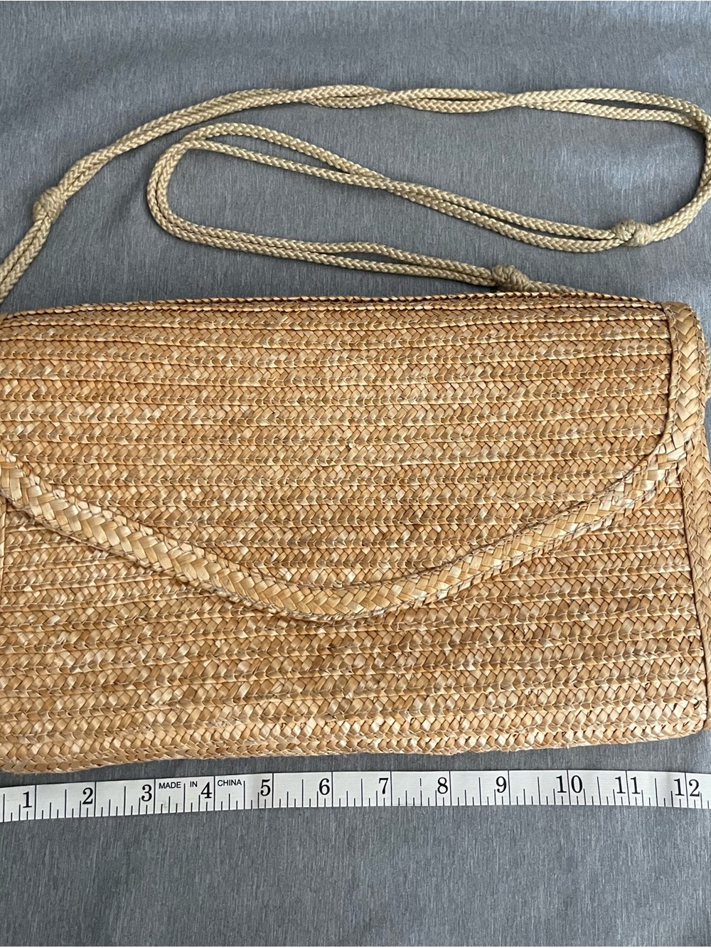 Vintage Wicker Summer Envelope Bag Snap Closure Rope Shoulder Strap Straw 12x8